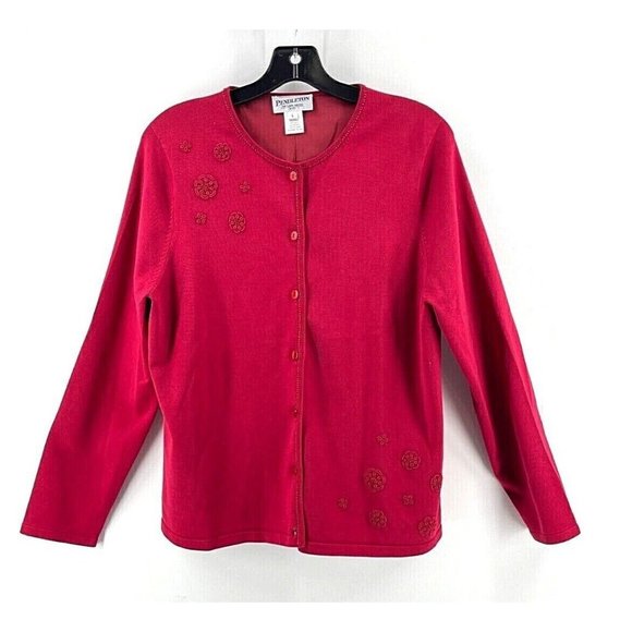 Pendleton Women's Red Knit Long Sleeve Silk Cardigan Sweater Embroidered Beads L - Picture 1 of 12